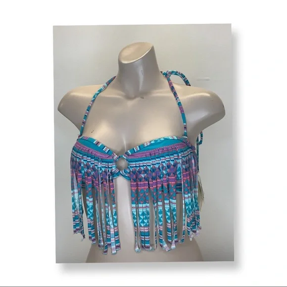 Roxy 2014 Aqua Peep Hole Fringe Bikini Top NWT - Picture 2 of 5